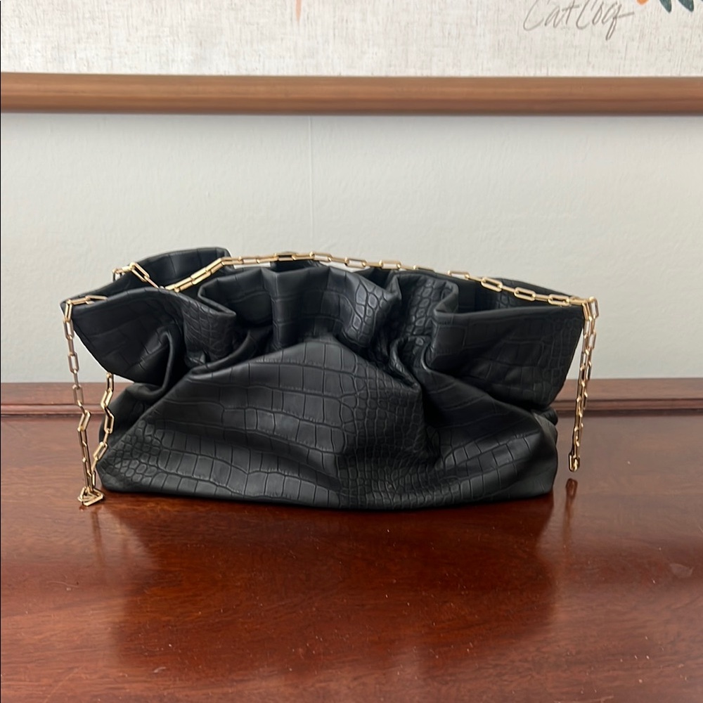 Black Croc-Embossed Chain Clutch
